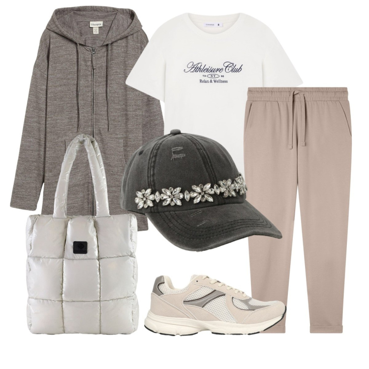 Outfit donna - Total look #2289073. Stile Casual chic per Tutti i giorni. Abbinamento con cardigans, sneakers, t-shirt, pantaloni, cappelli, shopping bag.