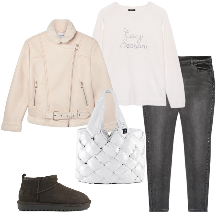 Outfit donna - Total look #2289076. Stile Casual chic per Tutti i giorni. Abbinamento con bomber, borse tote, stivali, maglieria, jeans skinny.