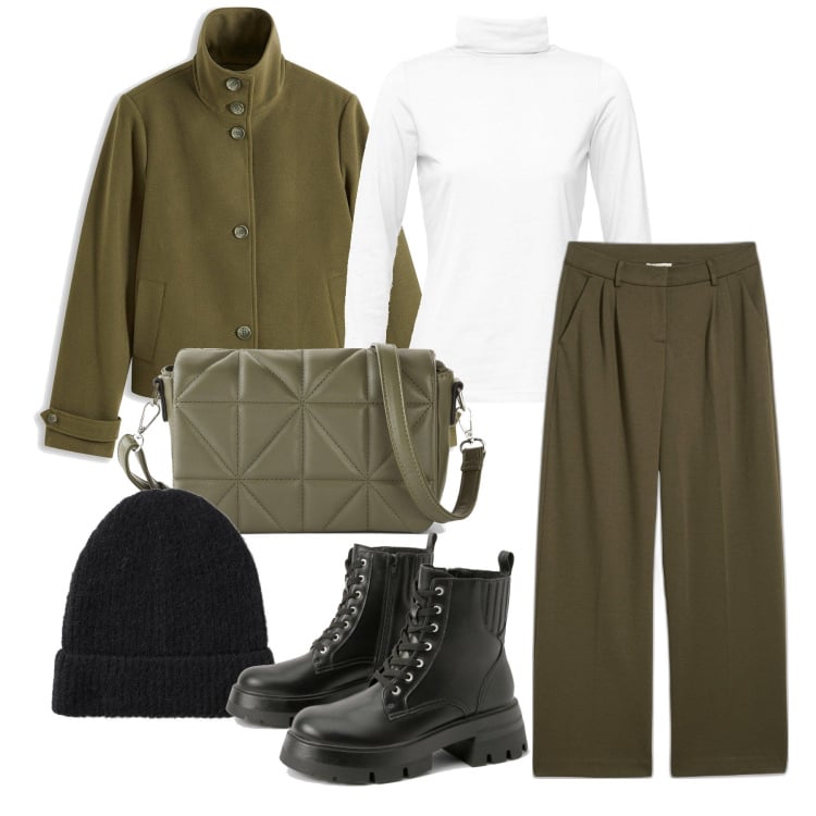 Outfit femme - Novembre. Style Militaire pour Tous les jours. Assortir avec blazers, pantalon , t-shirts, sacs en bandoulière, bonnets, bottes.