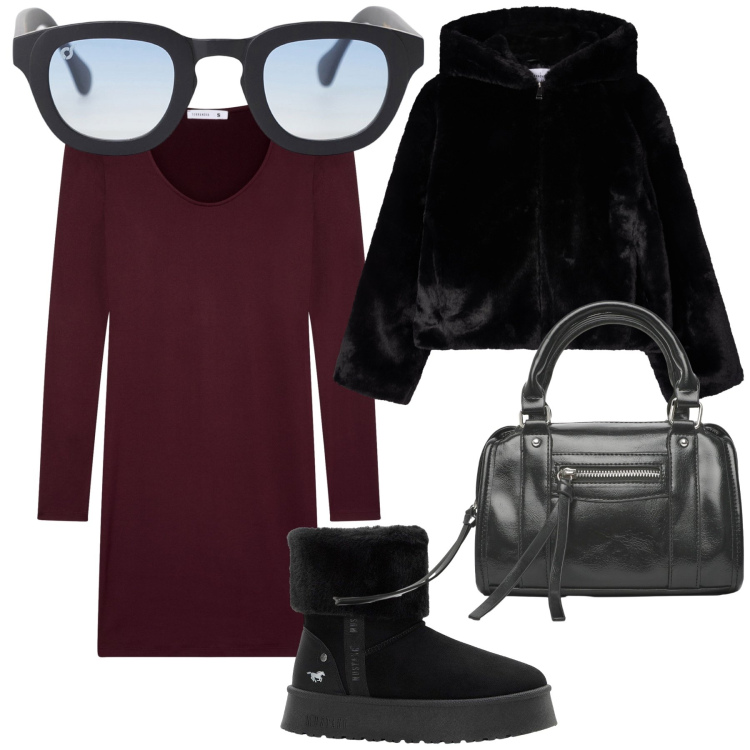 Outfit donna - Un abito da ufficio. Stile Urban per Ufficio. Abbinamento con stivaletti, vestiti corti, ecopellicce, borse a mano, occhiali da sole.