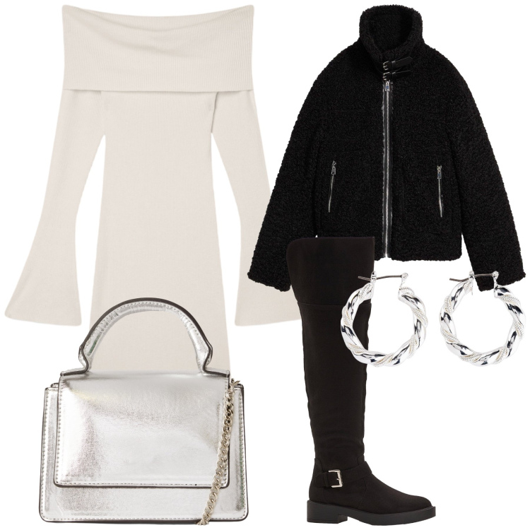 Outfit donna - Un abito per mille occasioni. Stile Urban per Tutti i giorni. Abbinamento con ecopellicce, orecchini, stivali sopra il ginocchio, vestiti corti, borse a tracolla.