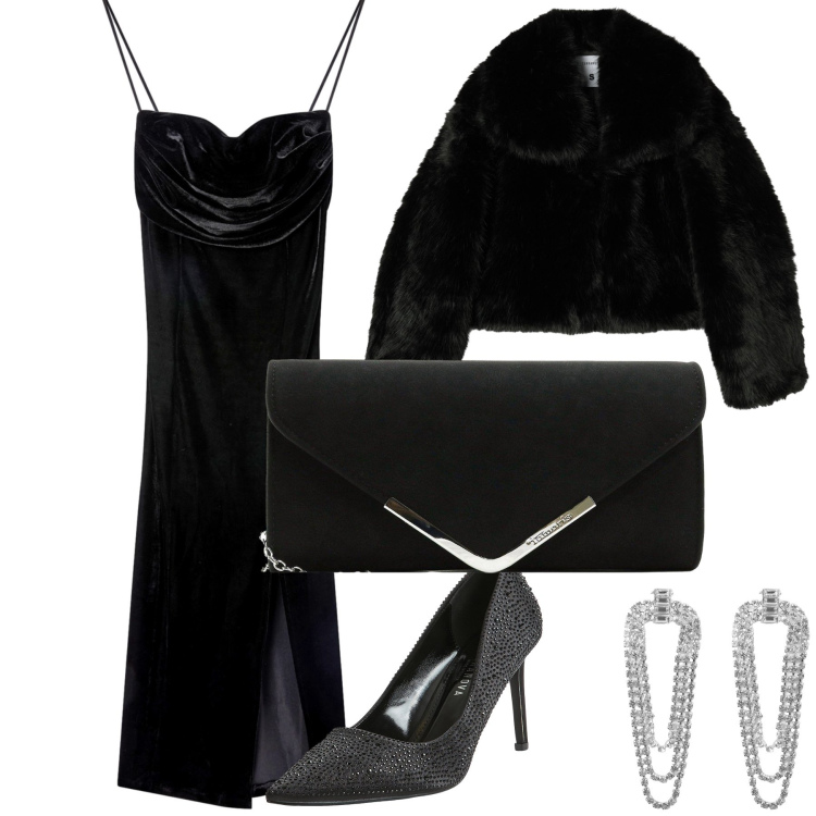 Outfit donna - Un classico abito da sera. Stile Chic per Serata fuori. Abbinamento con pochette, vestiti lunghi, décolleté, orecchini, ecopellicce.
