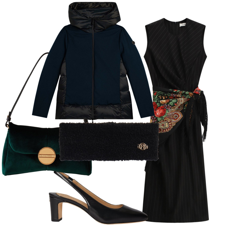 Outfit donna - Un abito originale. Stile Chic per Serata fuori. Abbinamento con borse a tracolla, piumini, fasce per capelli, vestiti midi/longuette, décolleté.