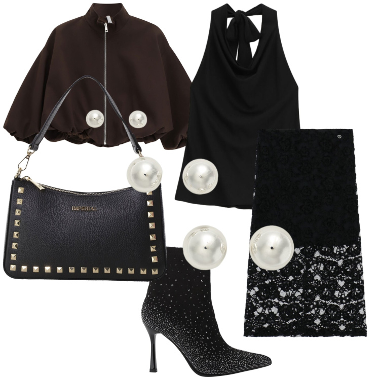 Outfit donna - Serata con cascata dí perle. Stile Chic per Serata fuori. Abbinamento con gonne longuette, top, bomber, pochette, stivaletti, orecchini.