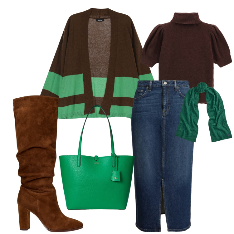 Outfit donna - Accenni di verde. Stile Casual chic per Tutti i giorni. Abbinamento con cardigans, maglieria, stivali, sciarpe, gonne, borse tote.