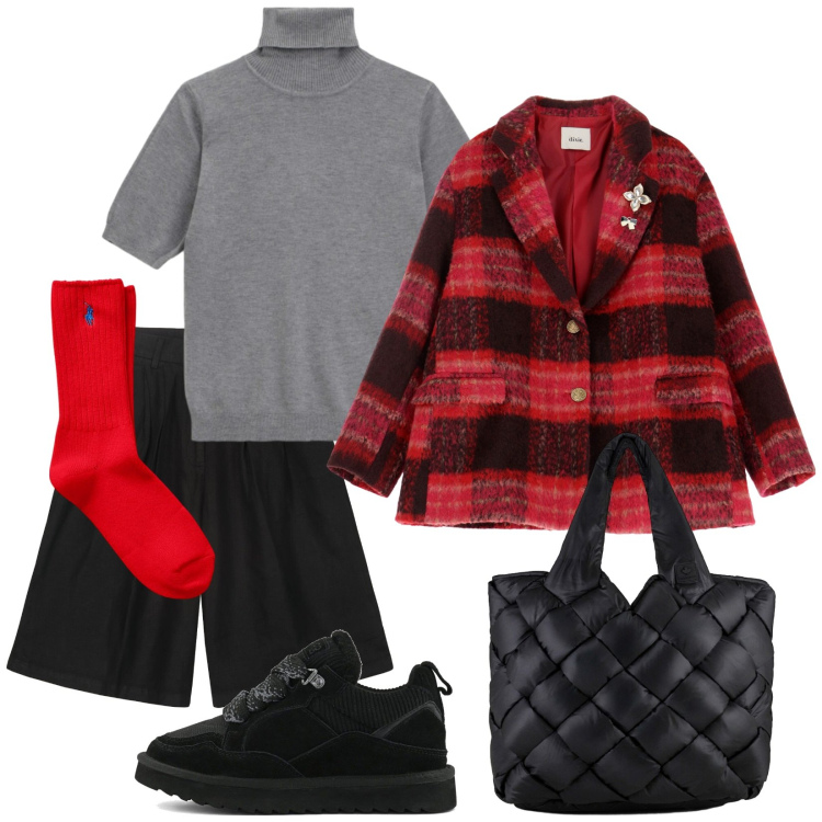 Outfit donna - My style my day. Stile Trendy per Tutti i giorni. Abbinamento con maglieria, blazer, calzini, borse tote, sneakers alte, bermuda.