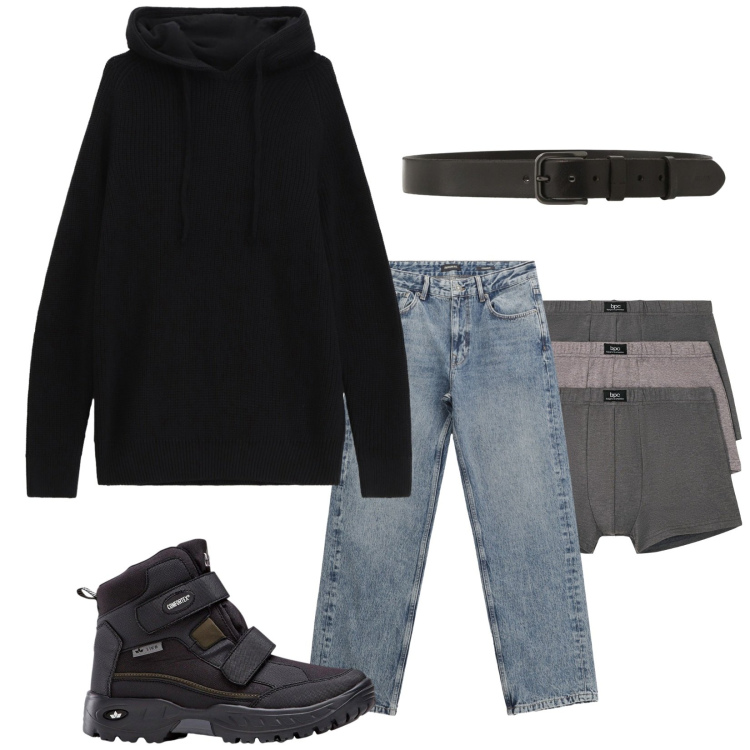 Outfit uomo - Il maglione con il cappuccio. Stile Casual per Tutti i giorni. Abbinamento con stivali e stivaletti, boxer, felpe con cappuccio, jeans dritti, cinture.