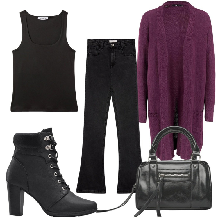 Outfit donna - Il mese del cardigan : 70s. Stile 70s per Tutti i giorni. Abbinamento con cardigans, stivaletti, jeans a zampa, canottiere, borse a mano.