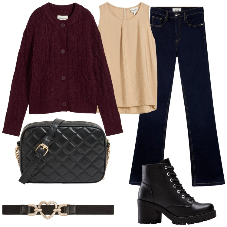 Outfit donna - Cardigan bordeaux. Stile Trendy per Tutti i giorni. Abbinamento con stivaletti, cardigans, top, cinture, jeans a zampa, borse a tracolla.