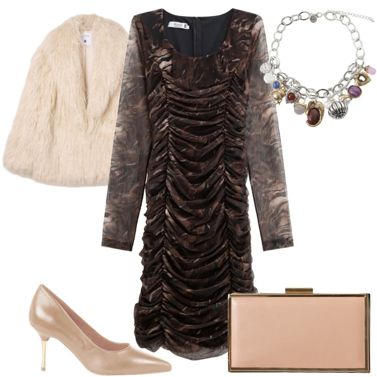 Outfit donna - Glamour per novembre: la serata. Stile Glamour per Serata fuori. Abbinamento con vestiti, décolleté, pochette, ecopellicce, braccialetti con ciondoli.