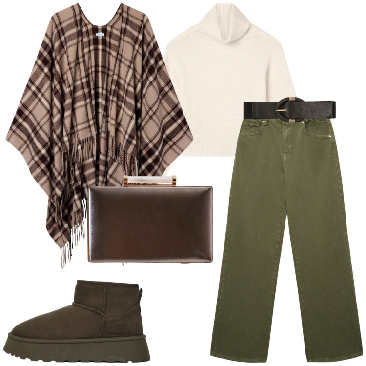 Outfit donna - Glam in ufficio. Stile Glamour per Tutti i giorni. Abbinamento con clutch, jeans, cappotti, cinture, maglieria, stivali.