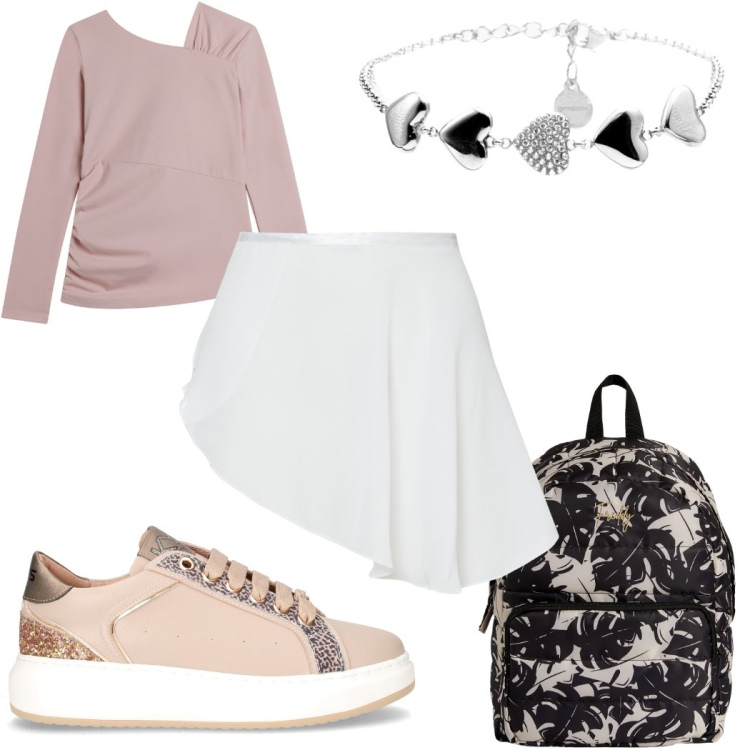 Outfit donna - sporty chic autunnale: con lo zaino. Stile Sporty chic per Tutti i giorni. Abbinamento con zaini, maglieria, minigonne, braccialetti, sneakers.