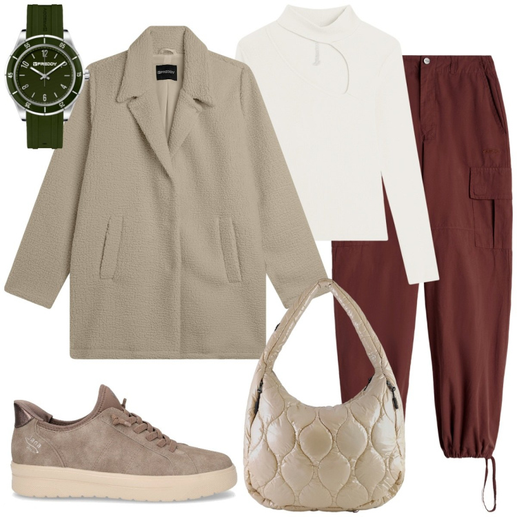 Outfit donna - Sportiva qb.. Stile Sporty chic per Tutti i giorni. Abbinamento con pantaloni cargo, cappotti, maglieria, orologi, borse tote, sneakers.