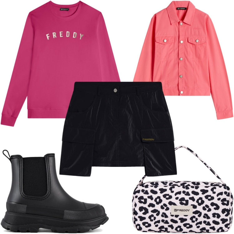 Outfit donna - Sporty chic autunnale in rosa. Stile Sporty chic per Tutti i giorni. Abbinamento con felpe, minigonne, borse a spalla, blazer, stivali.