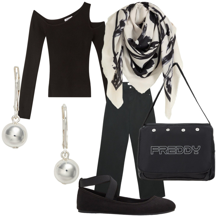 Outfit donna - Aperitivo. Stile Glamour per Serata fuori. Abbinamento con foulard, ballerine, maglieria, jeans, borse messenger, orecchini.