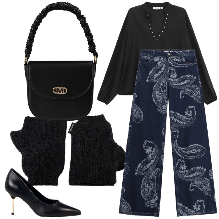 Outfit donna - Invito. Stile Glamour per Serata fuori. Abbinamento con camicie, jeans, décolleté, borse a mano, guanti.