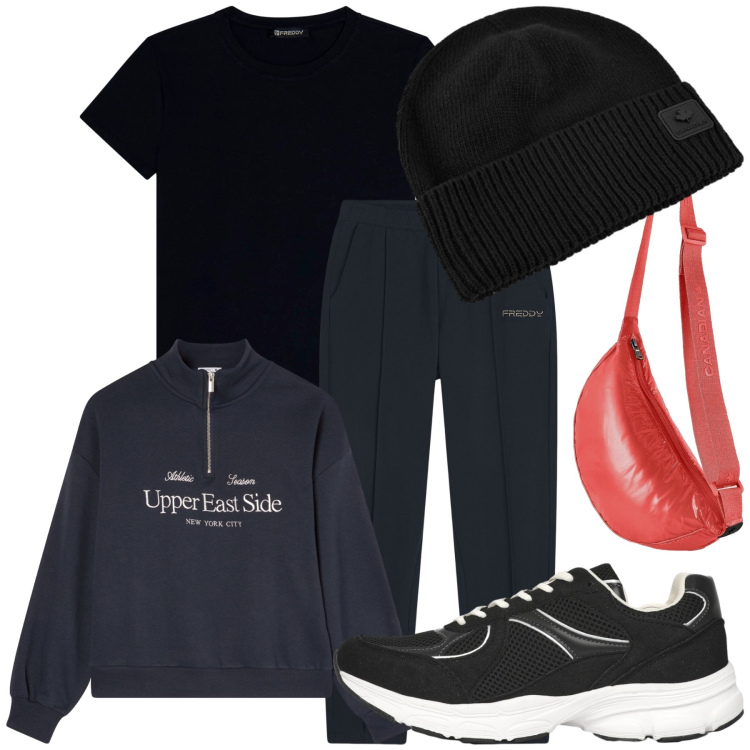 Outfit donna - Verso la palestra. Stile Basic per Sport. Abbinamento con sneakers, felpe, t-shirt sportive, pantaloni sportivi, berretti, borse sportive.
