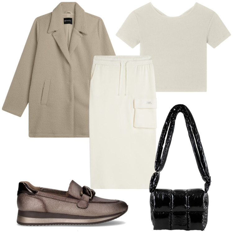 Outfit donna - Sporty chic tutti i giorni d\'autunno. Stile Sporty chic per Tutti i giorni. Abbinamento con gonne longuette, cappotti, t-shirt, borse a spalla, mocassini.