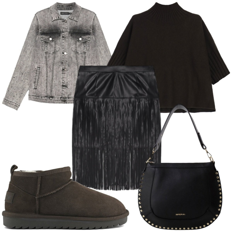 Outfit donna - Giornata in città con la gonna. Stile Trendy per Tutti i giorni. Abbinamento con maglieria, borse a spalla, minigonne, blazer, stivali.