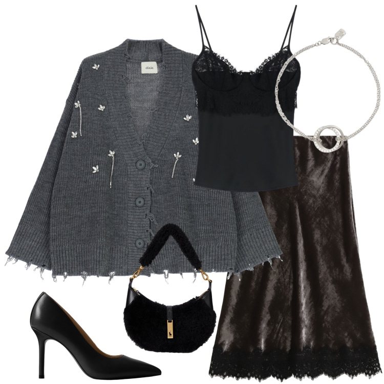 Outfit donna - Serata con stile. Stile Casual chic per Serata fuori. Abbinamento con canottiere, cardigans, gonne lunghe, braccialetti, borse a spalla, décolleté.