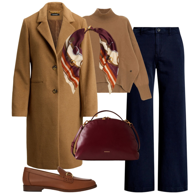 Outfit donna - Old money. Stile Chic per Tutti i giorni. Abbinamento con borse a mano, maglieria, pantaloni, cappotti, mocassini, foulard.