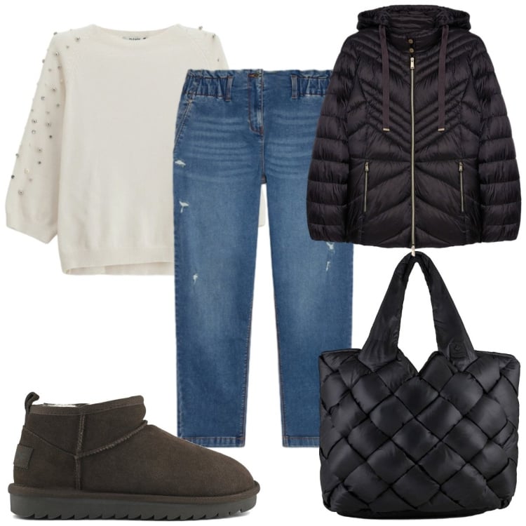 Outfit donna - Giornata in città: basic. Stile Basic per Tutti i giorni. Abbinamento con maglieria, borse tote, piumini, jeans strappati, stivali.