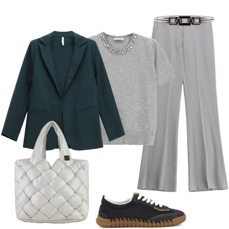 Outfit donna - Abbinamenti sofisticato. Stile Casual chic per Tutti i giorni. Abbinamento con pantaloni, cinture, blazer, maglieria, borse tote, sneakers.