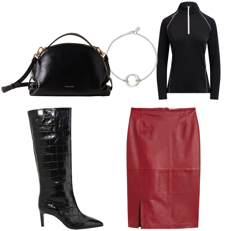 Outfit donna - Gonna midi e stivali. Stile Glamour per Ufficio. Abbinamento con gonne, borse a mano, stivali, braccialetti, pullovers.