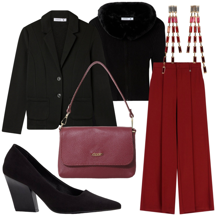 Outfit donna - Total look #2289139. Stile Bon Ton per Tutti i giorni. Abbinamento con décolleté, orecchini, cardigans, blazer, pantaloni a palazzo, borse a tracolla.