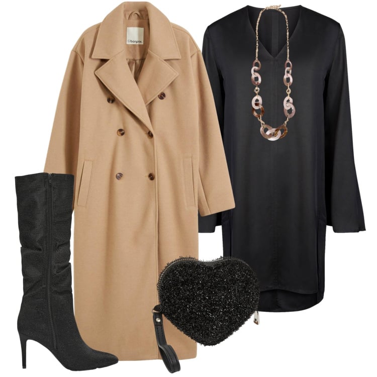 Outfit donna - Serata con stile. Stile Chic per Serata fuori. Abbinamento con cappotti, portafogli, stivali, vestiti a tubino, collane.