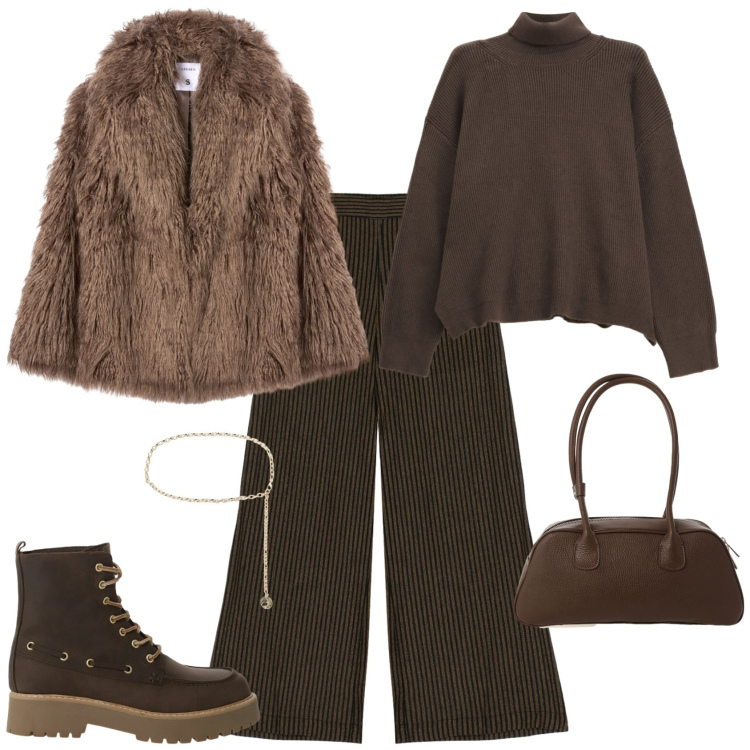 Outfit donna - Casual chic in montagna. Stile Casual chic per Tutti i giorni. Abbinamento con ecopellicce, pantaloni, maglieria, cinture, borse a mano, stivaletti.