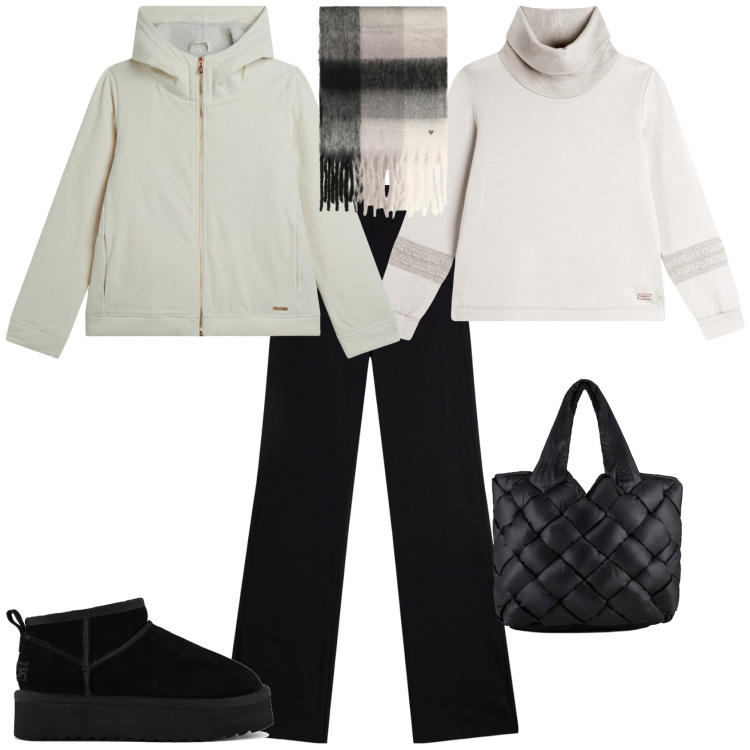 Outfit donna - Sporty chic in città in montagna. Stile Sporty chic per Tutti i giorni. Abbinamento con sciarpe, blazer, leggings, felpe, borse tote, stivaletti.