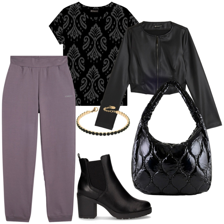 Outfit donna - Sport -chic autunnale. per Tutti i giorni. Abbinamento con t-shirt, pantaloni, braccialetti, giacche, borse tote, stivaletti chelsea.