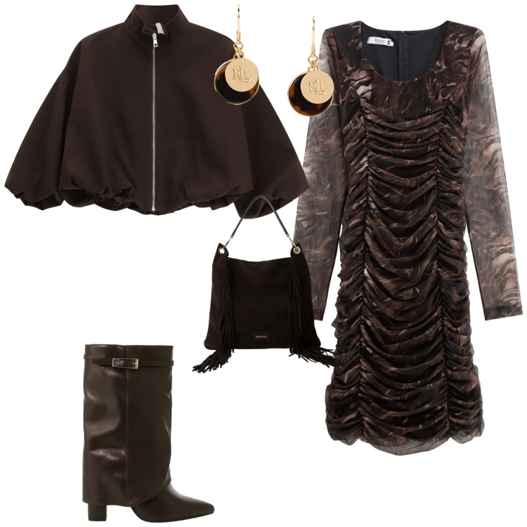 Outfit donna - Chic evento serata speciale. Stile Chic per Serata fuori. Abbinamento con vestiti, bomber, borse a spalla, stivali, orecchini.