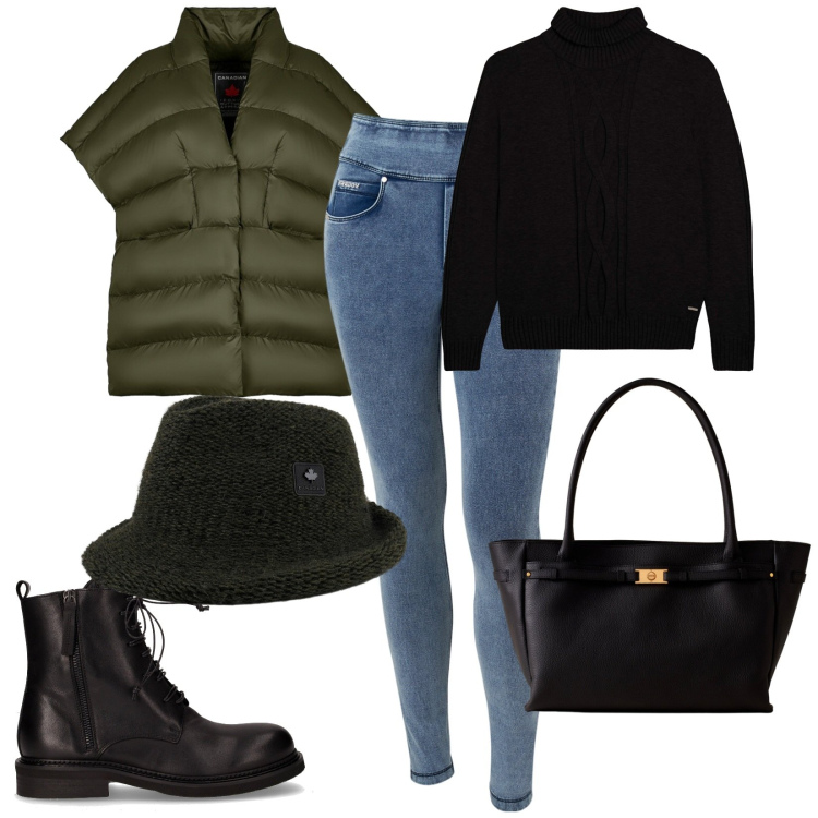 Outfit donna - Sport -chic autunnale. per Tutti i giorni. Abbinamento con shopping bag, maglieria, jeans skinny, cappelli, piumini, anfibi.