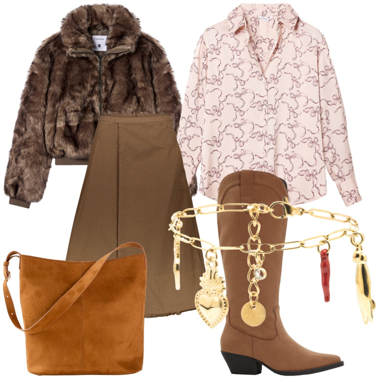 Outfit donna - Giornata in città. Stile Urban per Tutti i giorni. Abbinamento con stivali, borse a mano, camicie, ecopellicce, braccialetti, gonne lunghe.