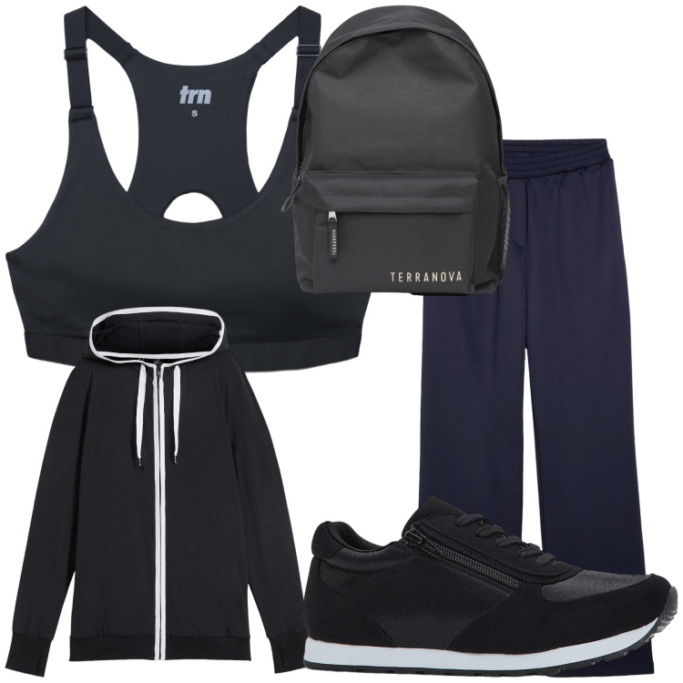 Outfit donna - Sano sport. Stile Basic per Sport. Abbinamento con felpe, sneakers, pantaloni sportivi, zaini, top sportivi.