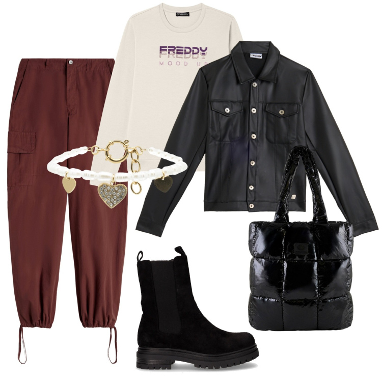 Outfit donna - Sport chic autunnale. per Tutti i giorni. Abbinamento con pantaloni cargo, braccialetti, felpe, giacche, shopping bag, stivaletti chelsea.