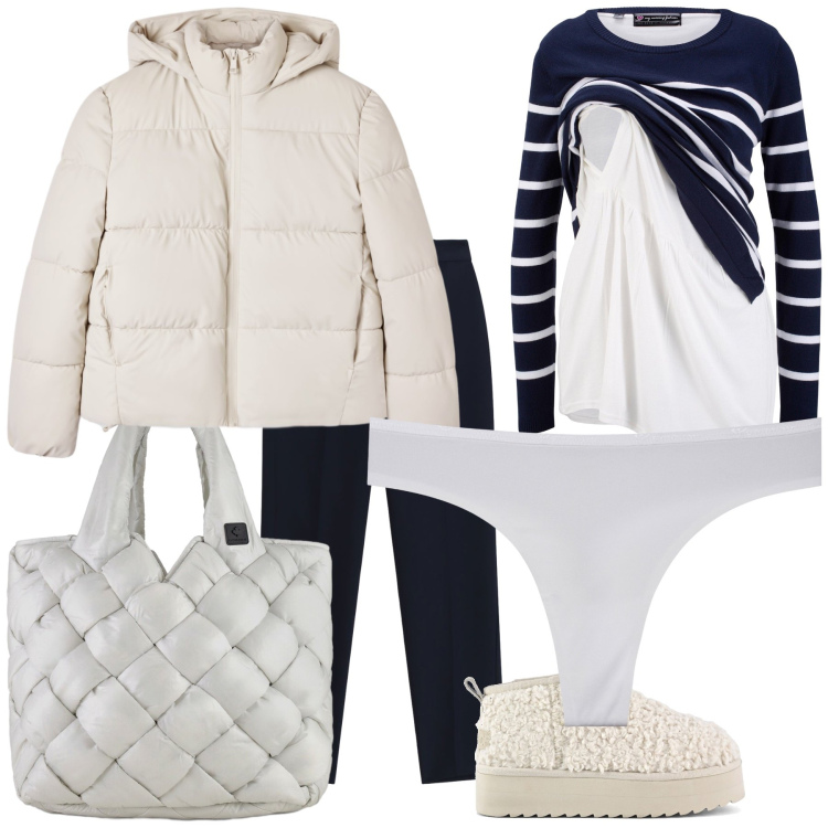 Outfit donna - Total look. Stile Basic per Tutti i giorni. Abbinamento con maglieria, bomber, pantaloni, perizomi, borse tote, stivaletti.