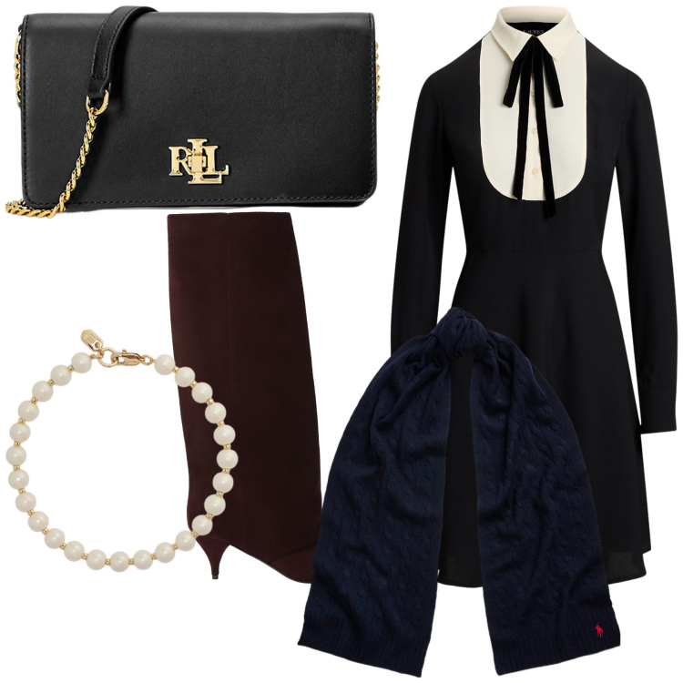 Outfit donna - Un po’ di Coco. Stile Chic per Serata fuori. Abbinamento con stivali, vestiti, borse a mano, sciarpe, braccialetti.