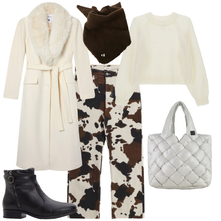 Outfit donna - Casual chic con l animalier. Stile Chic per Tutti i giorni. Abbinamento con stivaletti, cappotti, maglieria, pantaloni, foulard, borse tote.