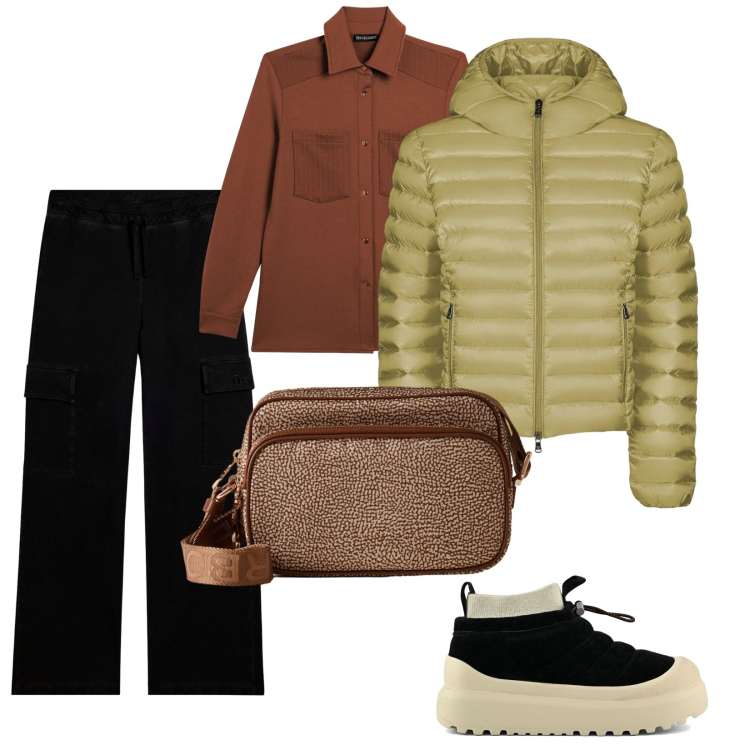 Outfit donna - Sport chic autunnale. per Tutti i giorni. Abbinamento con borse a tracolla, camicie, pantaloni cargo, bomber, stivaletti.