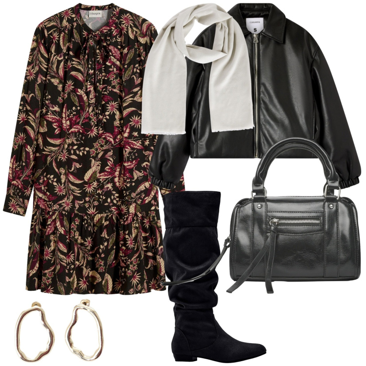 Outfit donna - Giornata in città curvy Italy. per Ufficio. Abbinamento con stivali, vestiti midi/longuette, foulard, bomber, borse a mano, orecchini.