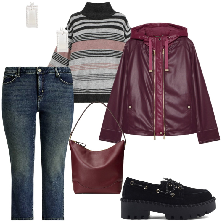 Outfit donna - Focus donna curvy Italy. per Tutti i giorni. Abbinamento con maglieria, jeans dritti, orecchini, borse a secchiello, giacche, mocassini.