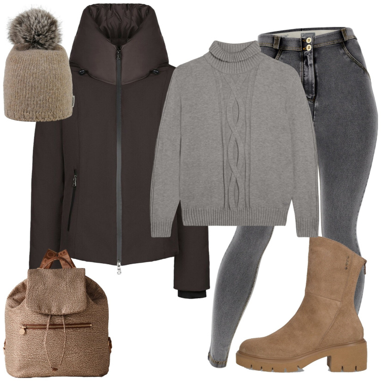 Outfit donna - Cold november. Stile Sporty chic per Tutti i giorni. Abbinamento con zaini, jeggings, maglieria, blazer, berretti, stivaletti.