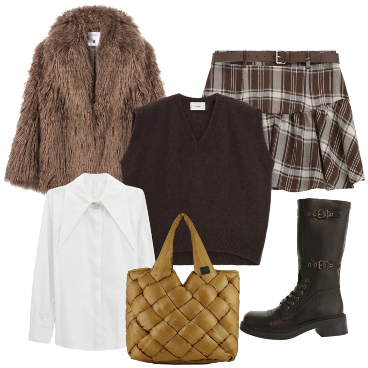 Outfit donna - Preppy style. Stile Preppy per Tutti i giorni. Abbinamento con ecopellicce, camicie, stivali, maglieria, minigonne, borse tote.