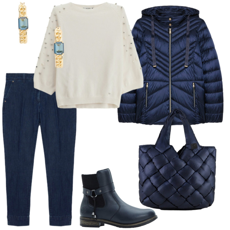 Outfit donna - Focus donna curvy Italy. per Tutti i giorni. Abbinamento con stivaletti chelsea, maglieria, orecchini, borse tote, piumini, jeans.