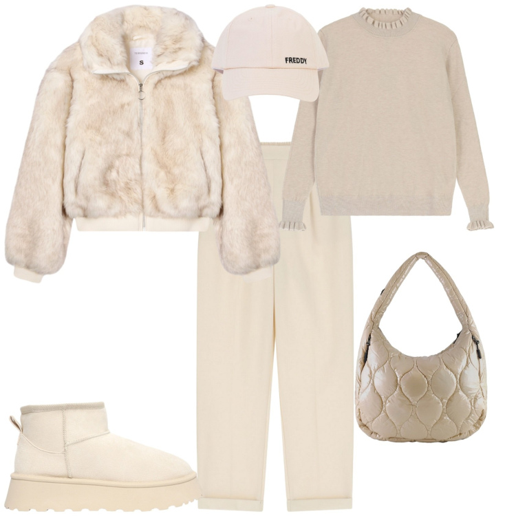 Outfit donna - In montagna con Dixie Freddy. Stile Trendy per Tutti i giorni. Abbinamento con ecopellicce, stivaletti, maglieria, pantaloni, cappelli con visiera, borse tote.