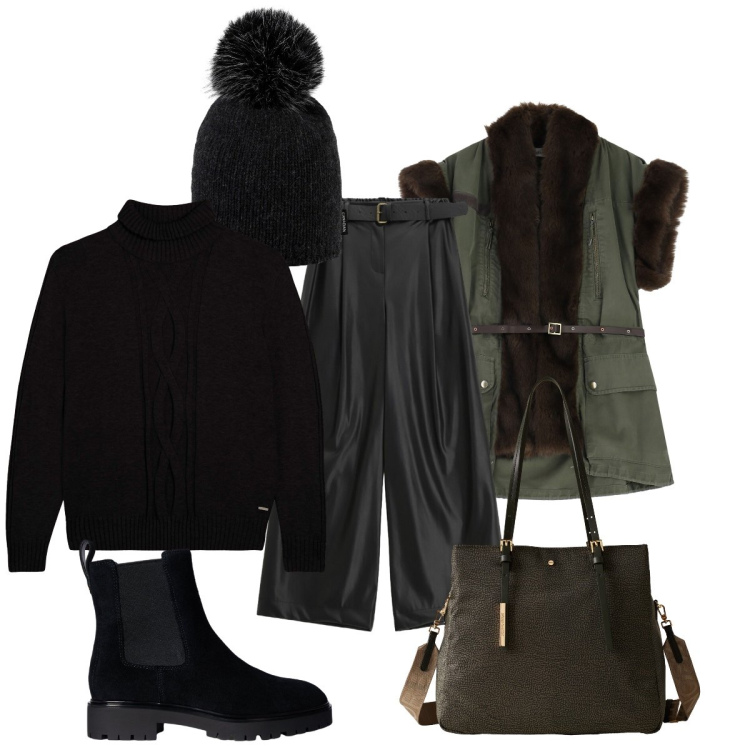 Outfit donna - Il caldo blazer foderato di pelliccia. Stile Preppy per Tutti i giorni. Abbinamento con blazer, shopping bag, pantaloni a palazzo, maglieria, stivaletti chelsea, cappelli.