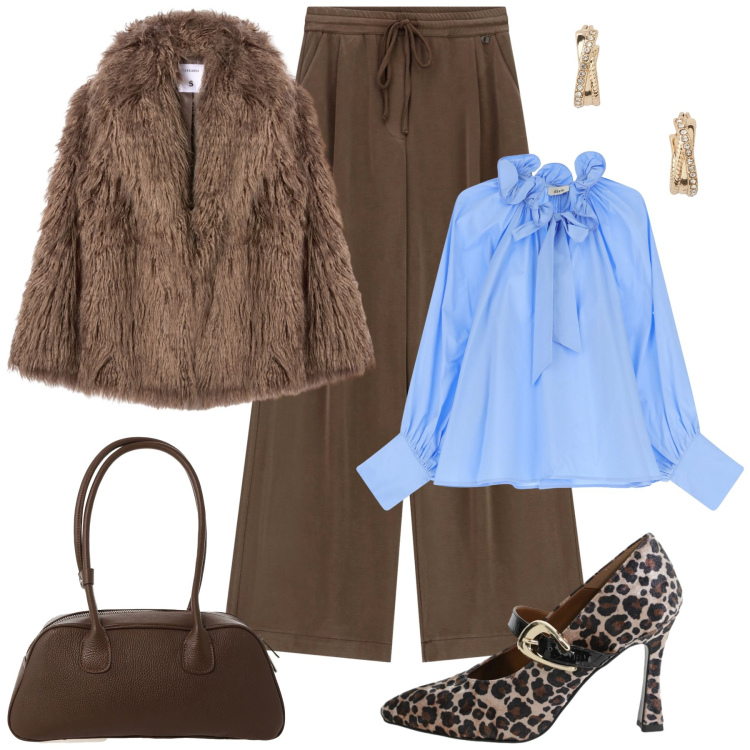 Outfit donna - Black Friday chic. Stile Chic per Serata fuori. Abbinamento con ecopellicce, décolleté, camicie, pantaloni a palazzo, borse a mano, orecchini.